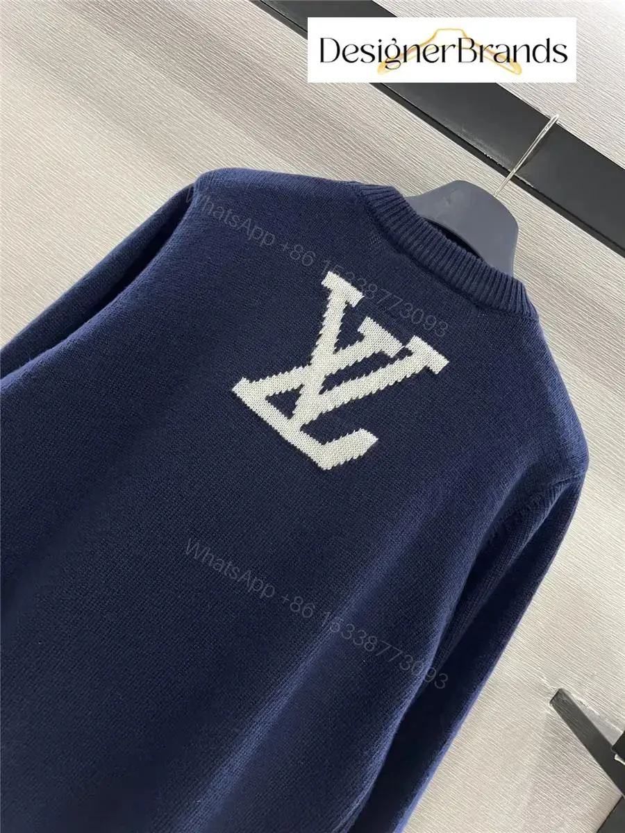View 4 of Lux Navy Knit Crewneck with Bold Logo — Luxury Streetwear Sweater