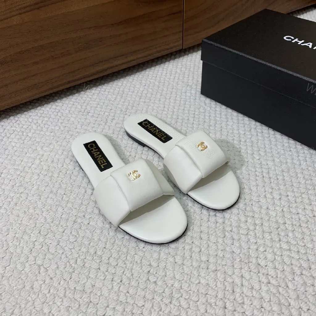 View 6 of White Leather Chanel-Logo Slide Sandals