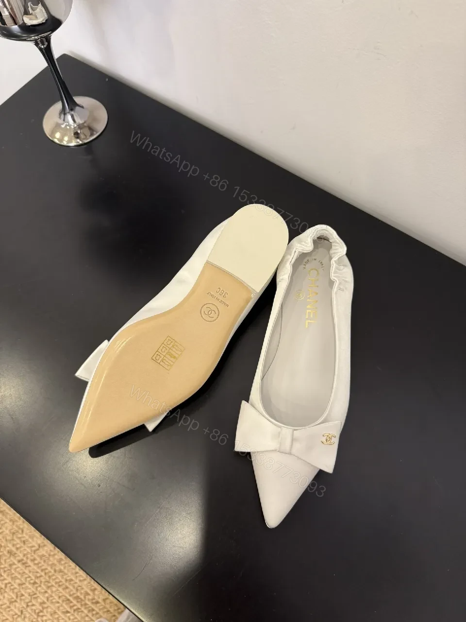 View 2 of White Textured Pointed-Toe Pumps with Bow, Luxury Flat