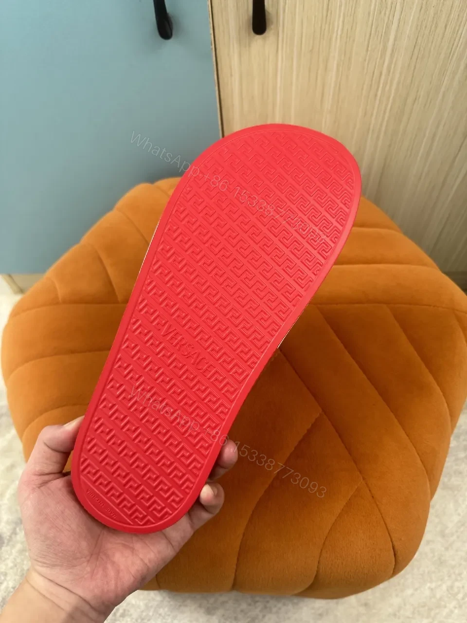 View 6 of Bold Red Luxury Slide with Signature Versaace Stride