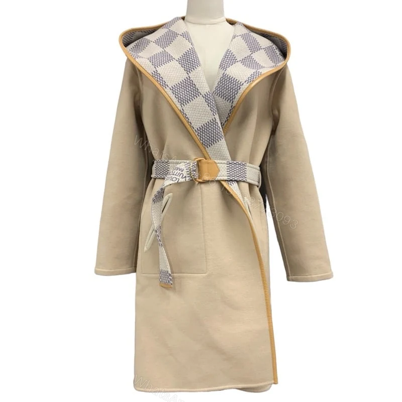 View 2 of Louis Vuitton Reversible Damier Azur Hooded Wrap Coat Beige 1A9L0P