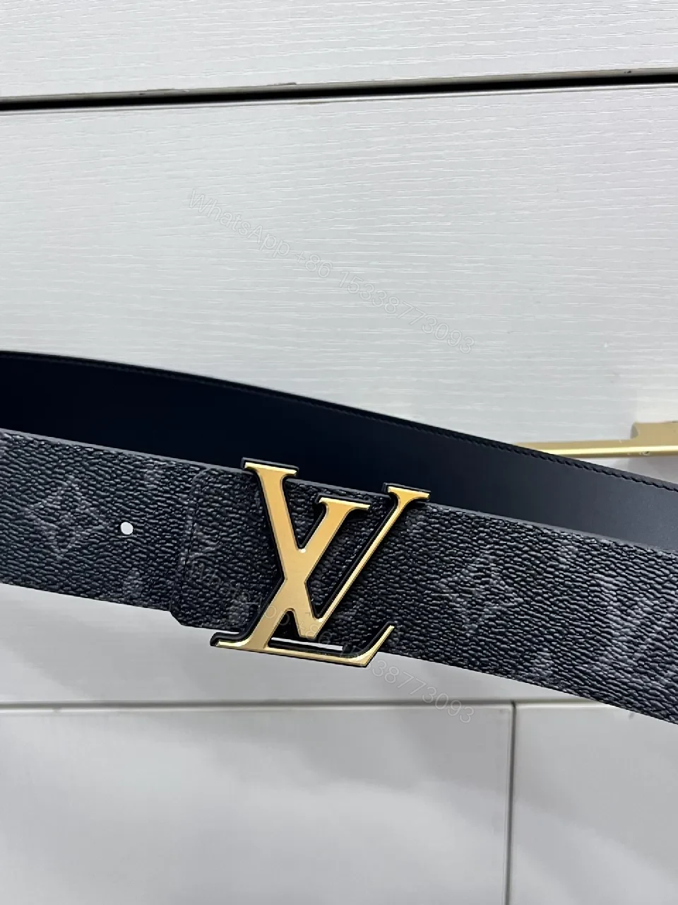 View 2 of Glam Black Leather Belt with Gold Buckle Signature LV-inspired