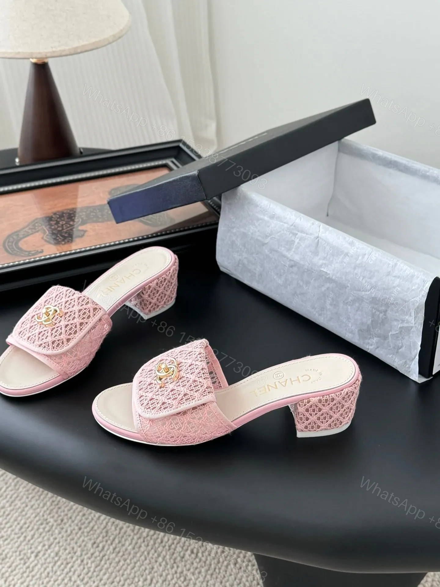 View 2 of Chanel Women Pink Woven Leather Slides