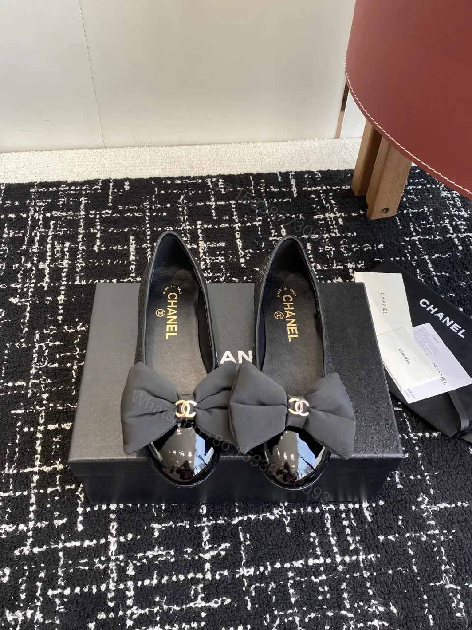 View 7 of Chic Black Patent Ballet Flats with Ribbon Bow Accent