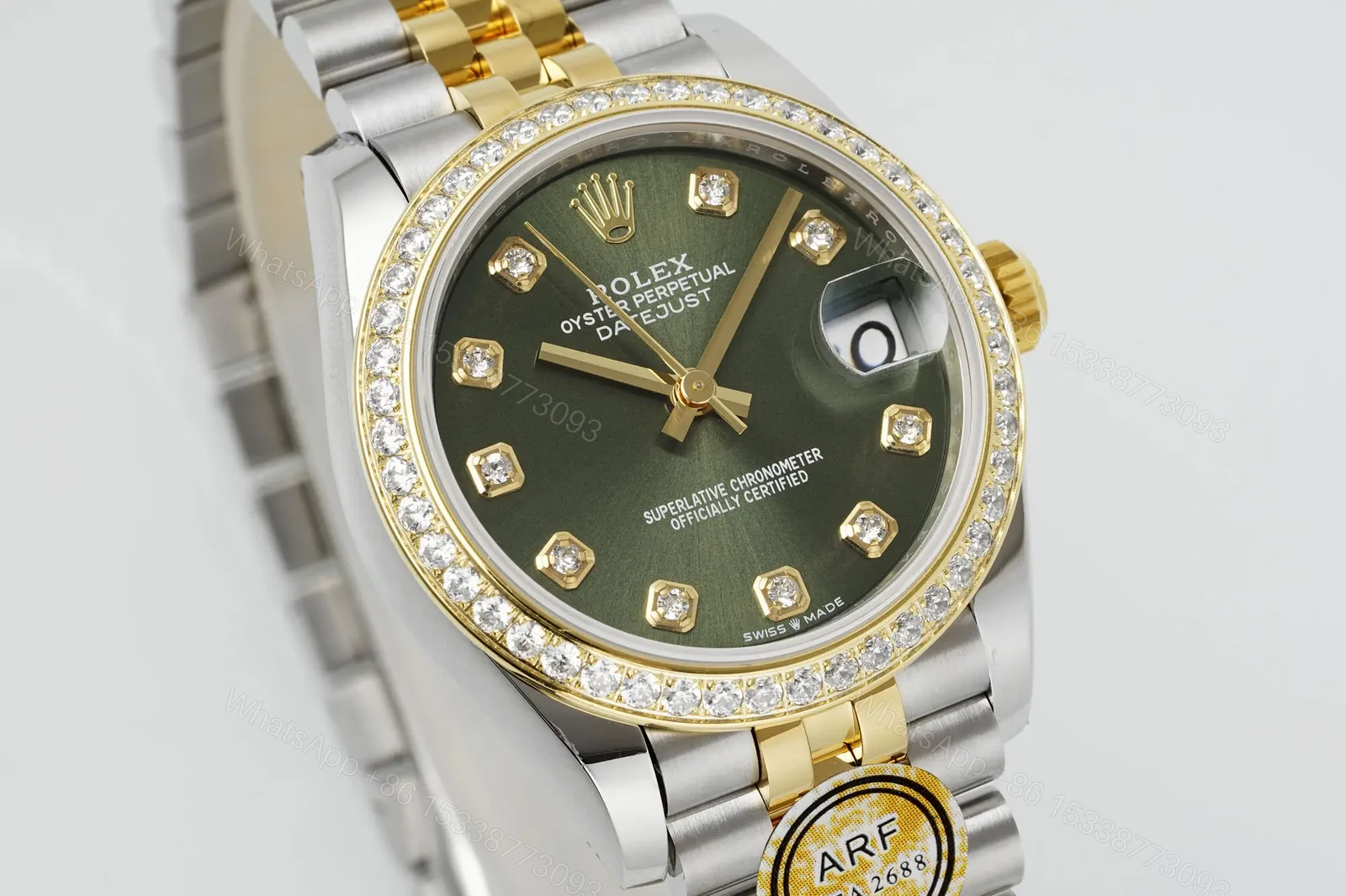 View 2 of Rolex Datejust Diamond Olive Green Dial Yellow Gold Diamond Bezel 36mm RLX-DJ-DIA-OLV36