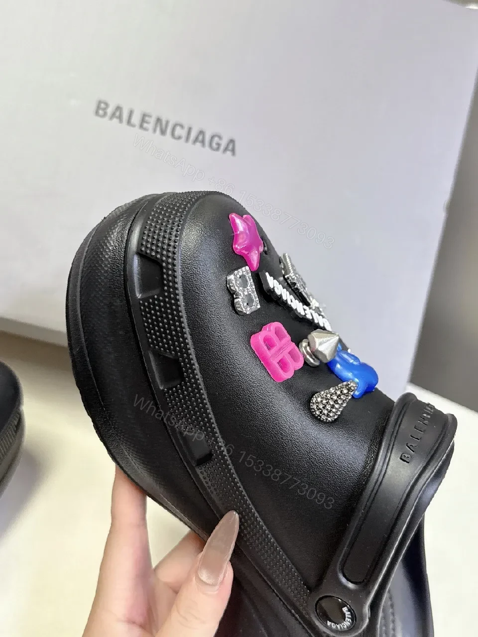View 3 of Bold Black Faux Leather Clogs with Enamel Charms, All-Day Comfort