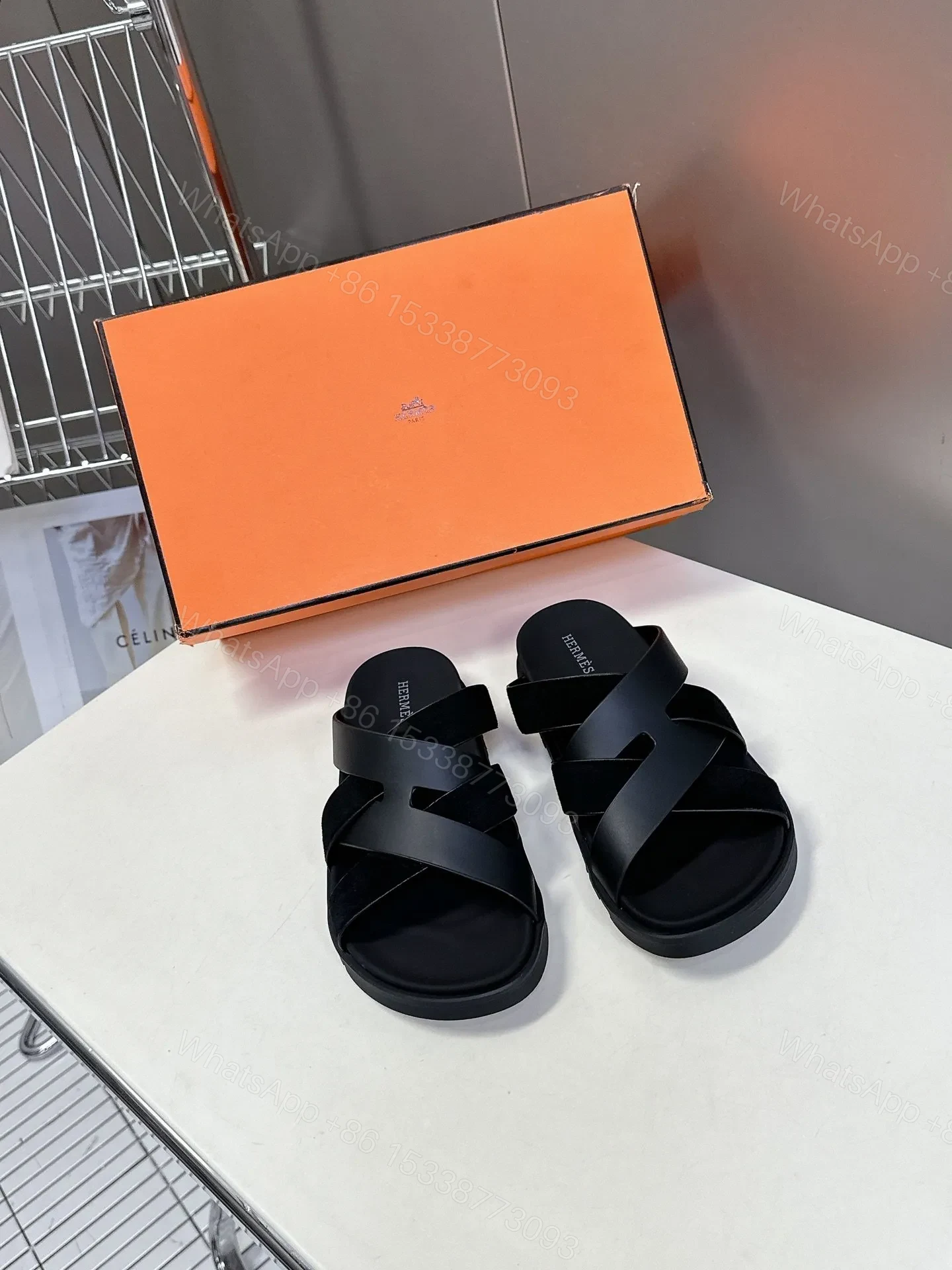 Hermes Women Black Leather Suede Sandals — view 1