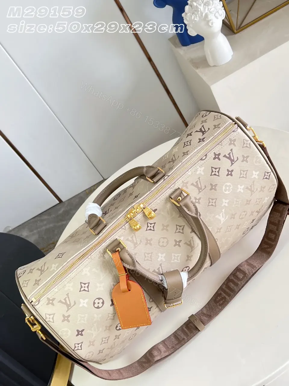 View 7 of Beige Taupe LV-Style Monogram Duffel Bag with Gold Hardware