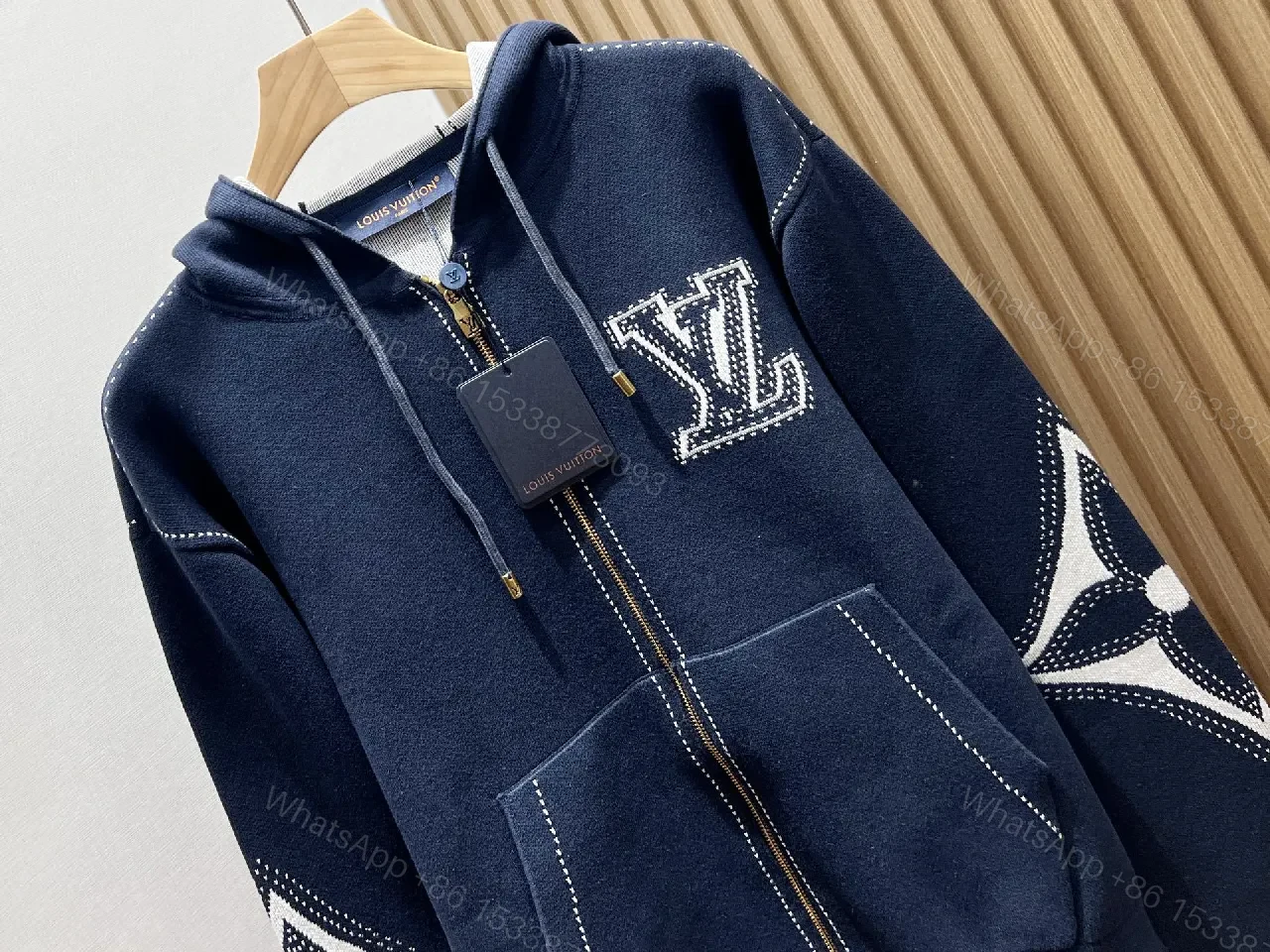 View 8 of Navy Denim Hoodie Jacket with LV Embroidery – Modern Luxe Outerwear