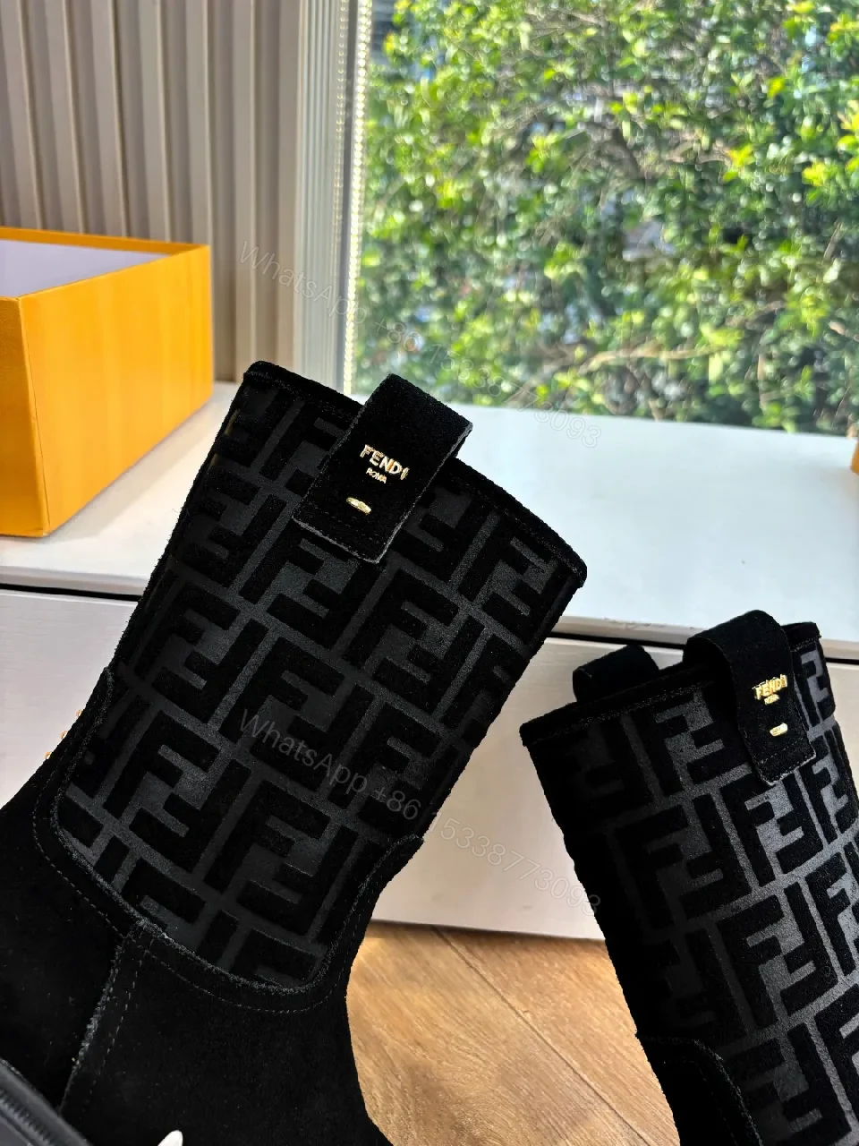 View 4 of Black Suede Boots with Monogram Pattern Mid-Calf Luxe Comfort