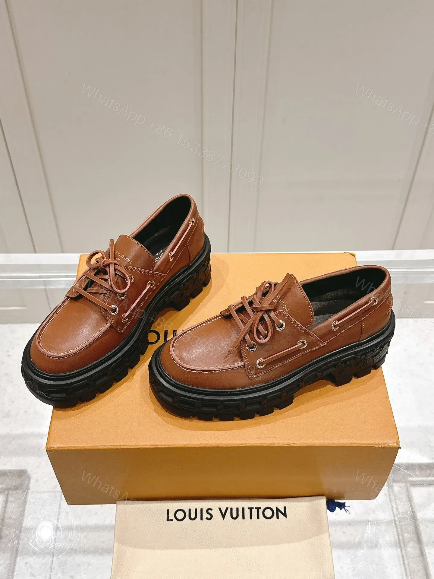 View 5 of LV Women Brown Leather Chunky Sole Loafers