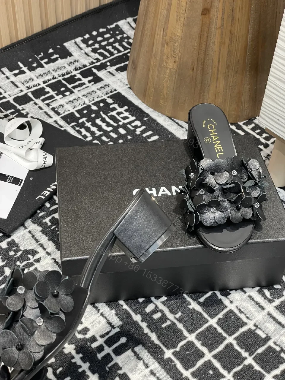 View 4 of Floral-Embellished Black Block-Heel Sandals