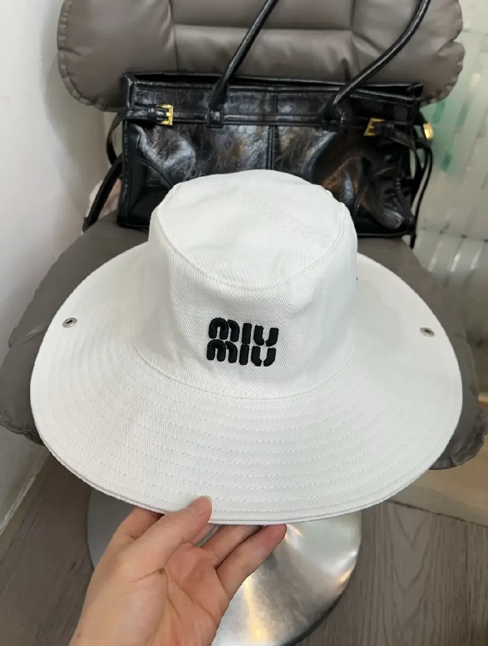 View 8 of White Cotton Wide-Brim Embroidered Logo Hat