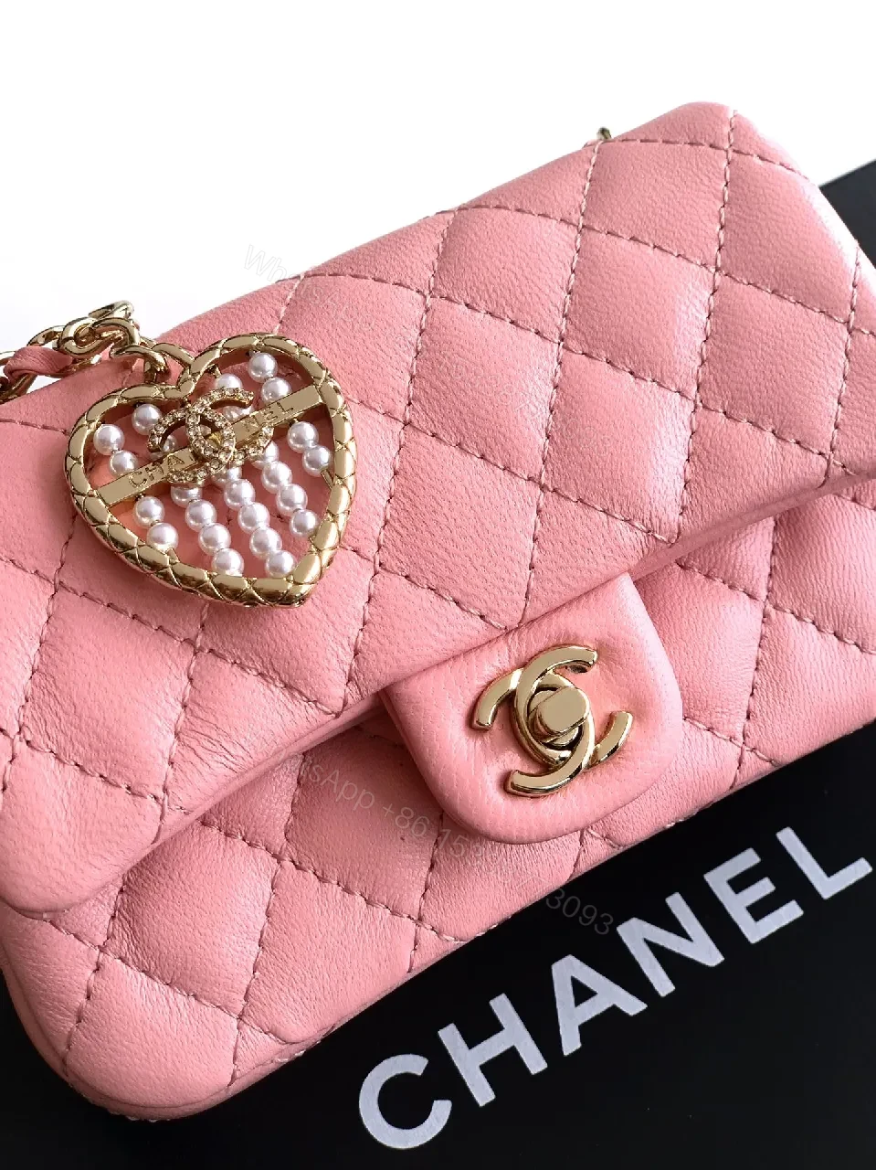 View 2 of Pink Quilted Mini Shoulder Bag - Gold Chain, Heart Charm, Lux Leather