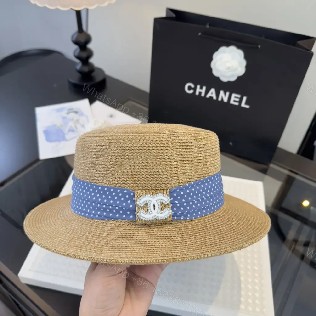 View 4 of Natural Tan Straw Boater Hat with Blue Polka Dot Band and Chanel Clasp