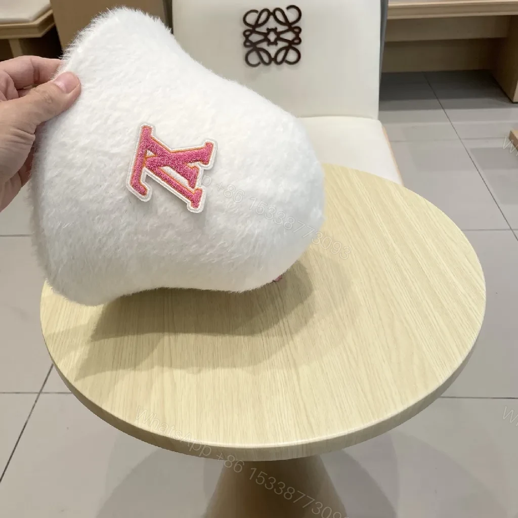 View 2 of White Fuzzy Bucket Hat - Pink Monogram Designer-Inspired Logo