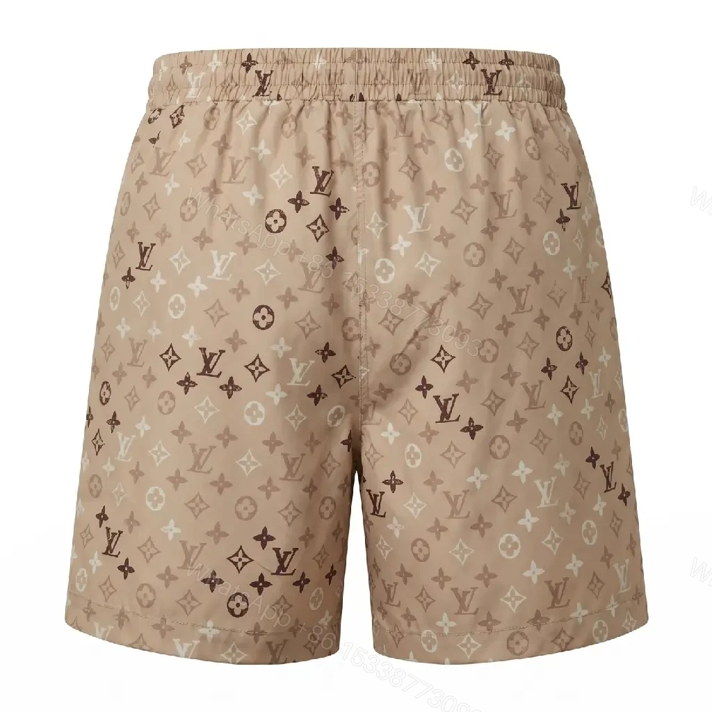 View 4 of Beige Monogram Print Drawstring Swim Shorts