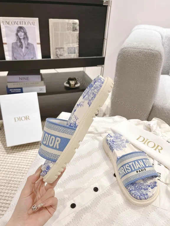 View 6 of Blue Toile Luxury Slides: Dior-Style, Cushioned Comfort Sandals