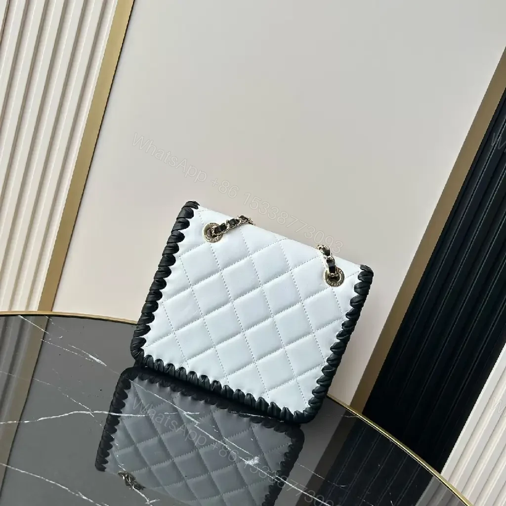 View 7 of White Leather Quilted Flap Bag with Chain Trim, Gold Logo