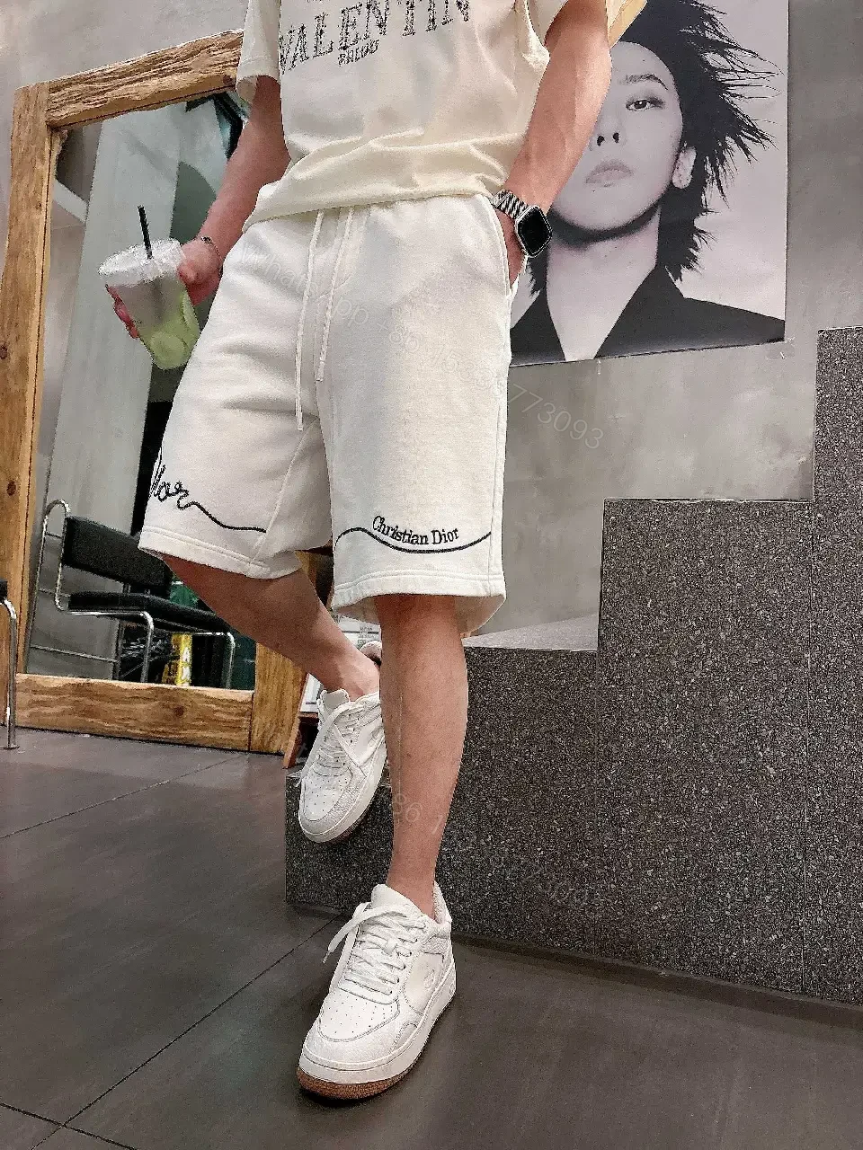 View 2 of White Knit Shorts Cotton Blend Casual Embroidered Script Short pants
