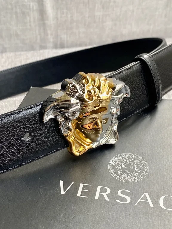 View 3 of Two-Tone Medusa Belt: Luxury Full-Grain Calfskin Accessory