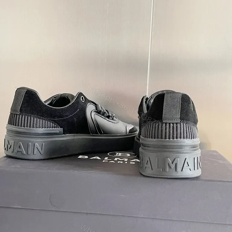 View 2 of Monochrome Mastery: Black Leather Balmain Sneaker, Luxury Casual
