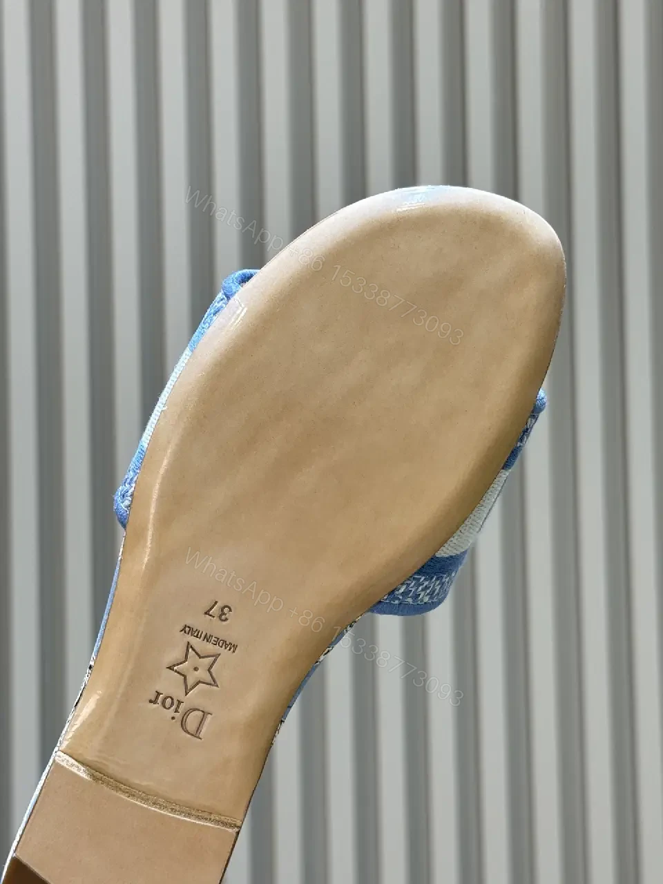 View 6 of Blue Denim Slide Sandals Palm Print Christian Dior Style Logo Strap Sandals