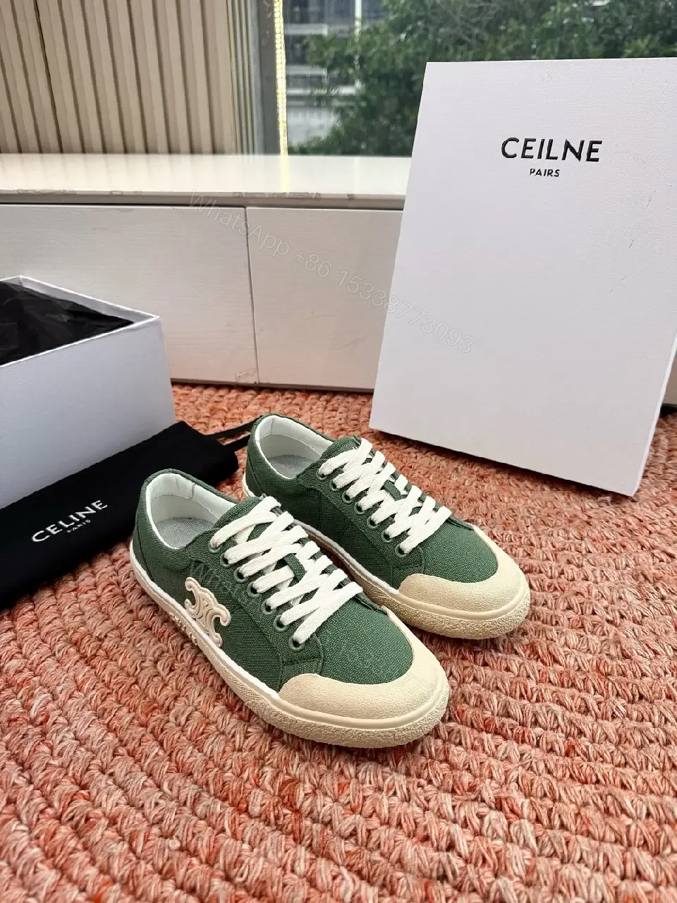 View 3 of Green Canvas Sneakers with Off-White Rubber Sole