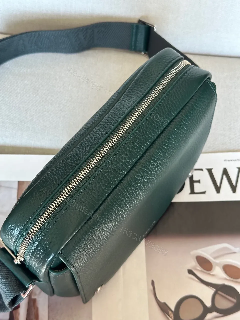 View 4 of Green Pebbled Leather Messenger: Structured, Compact, Crossbody Style