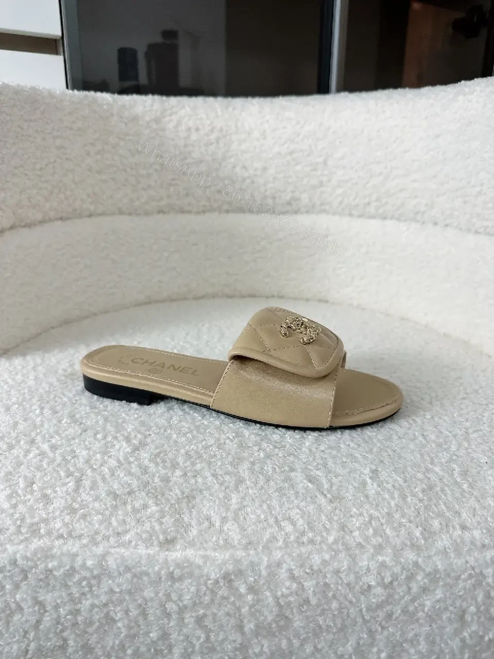 View 7 of Neutral Beige Leather Slides + Logo Accent, Modern Luxury Slide