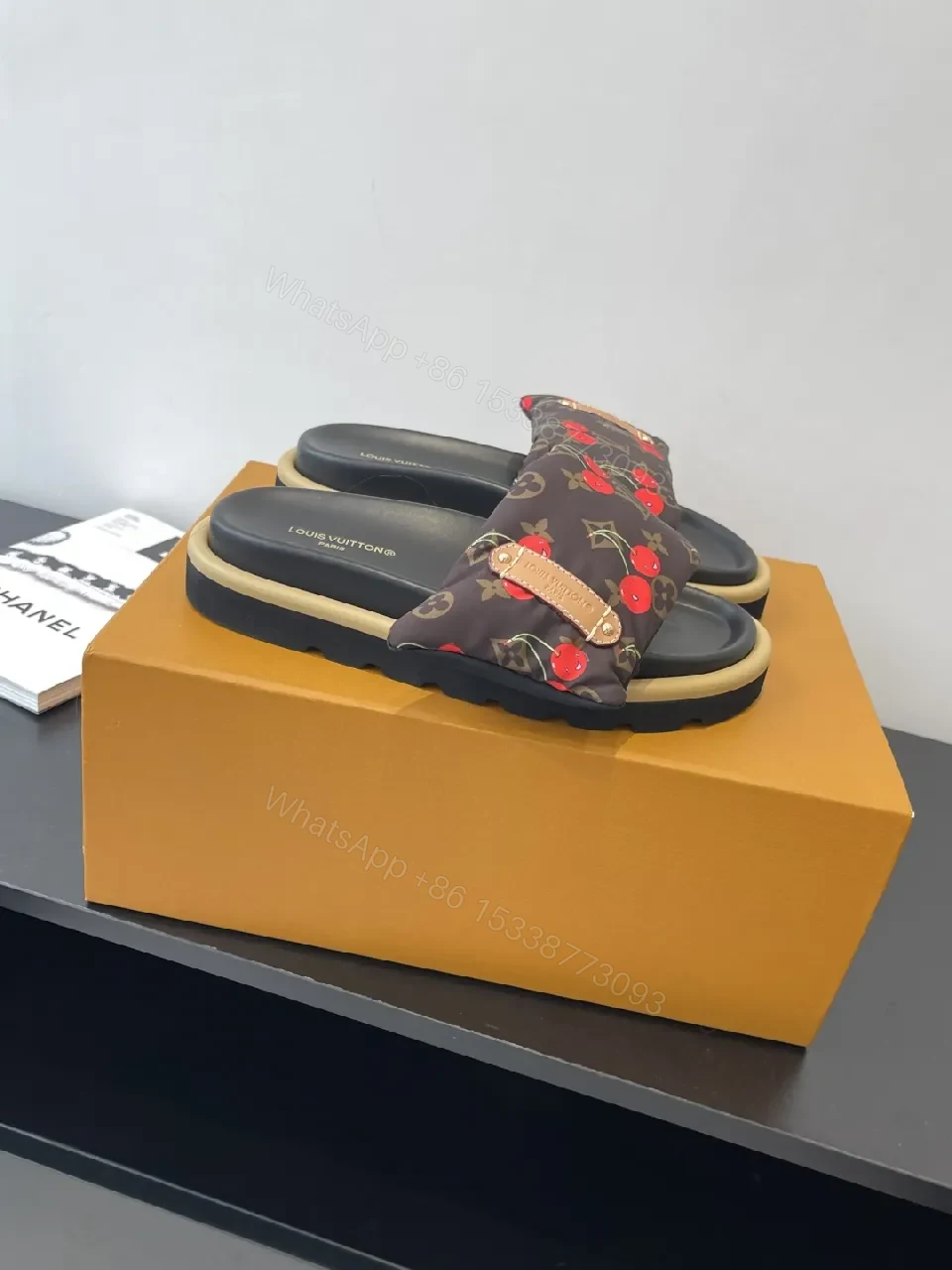 View 3 of Cherry-Accent Monogram Slide: Luxe Comfort Sandal