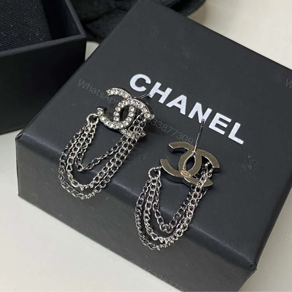 View 3 of CHANEL STUD EARRINGS WITH CRYSTAL AND MULTI CHAIN IN SILVER TONE