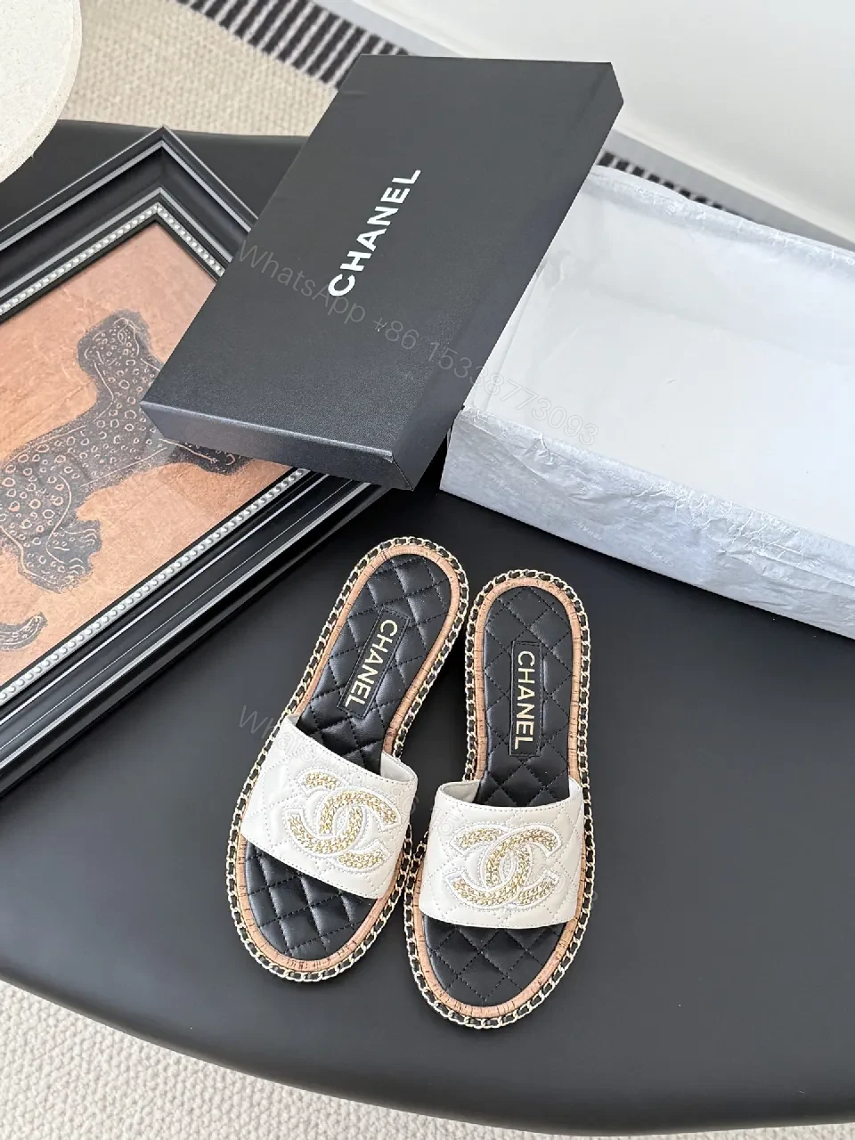 View 9 of Elegant Quilted Slide Sandals with Chain Trim