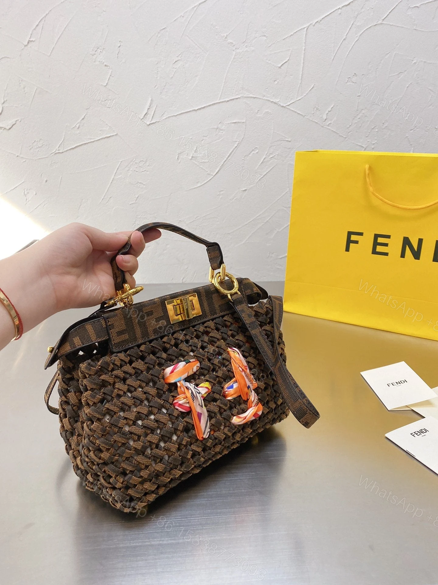 View 8 of Fendi Peekaboo Iconic Mini Jacquard Fabric Interlace Bag