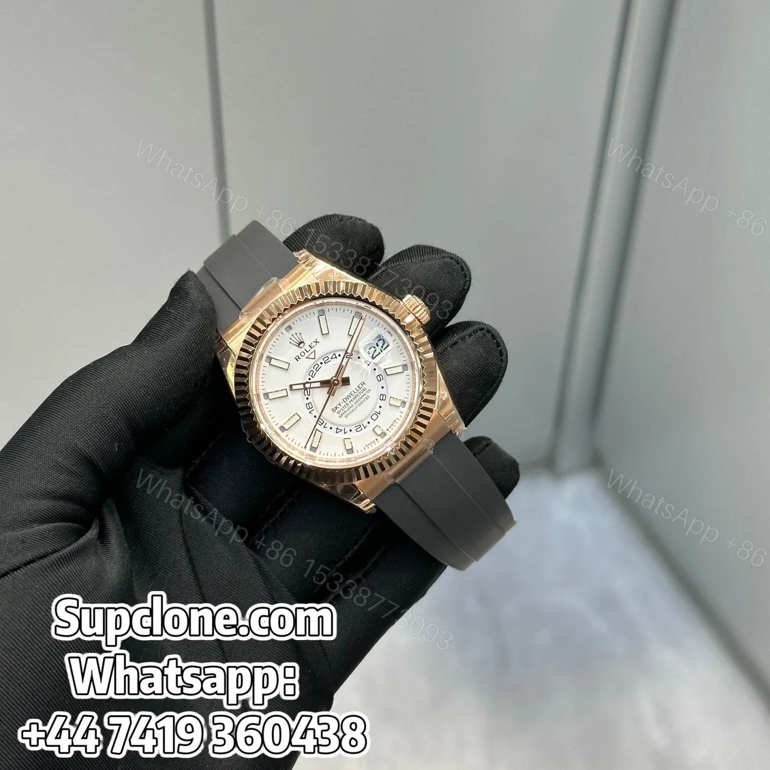 View 2 of Rolex Sky-Dweller 42mm Super Clone 1:1 – Rose Gold White Dial Oysterflex Strap