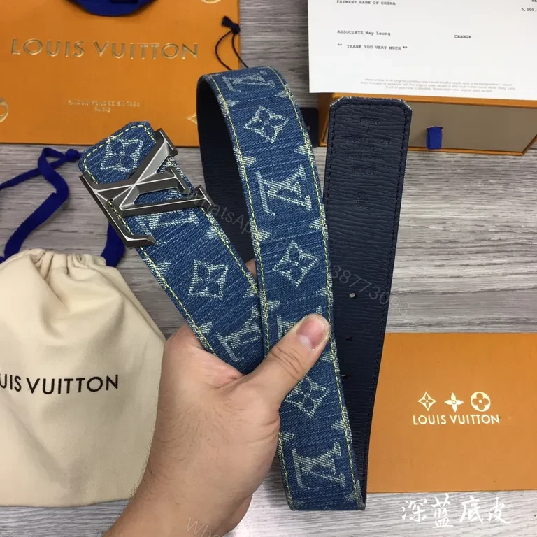 View 9 of Denim Monogram Belt with Gold LV Buckle - Luxury Accessory