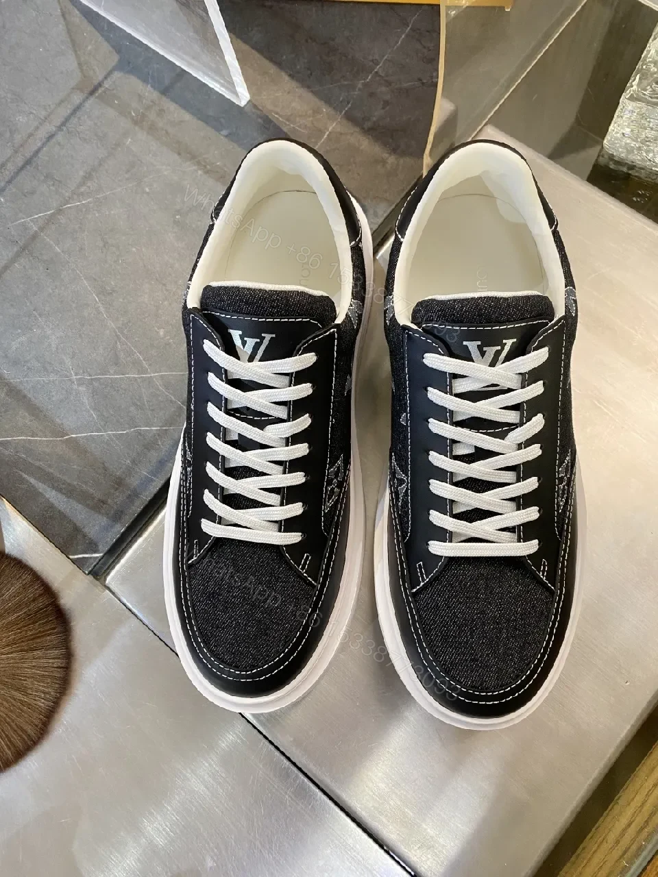 View 5 of Denim Monogram High-Top Sneaker: Subtle Luxe Comfort