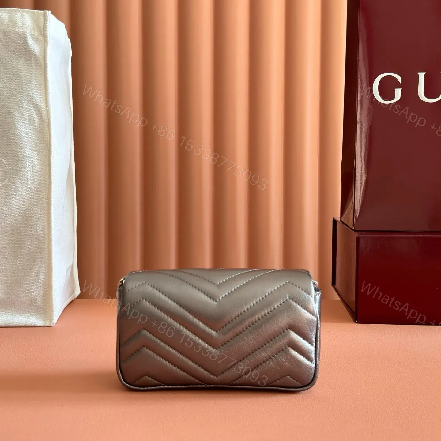 View 2 of GUCCI GG MARMONT BAG 16 IN WARM GRAY BROWN LAMBSKIN