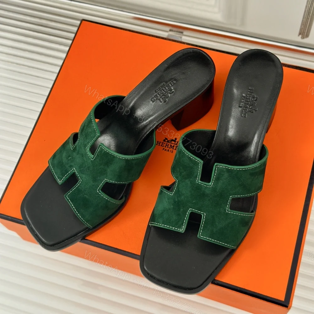 View 3 of 高仿Hermes*H222110ZI0經典H中踭拖鞋羊京面料綠色5CM免檢版