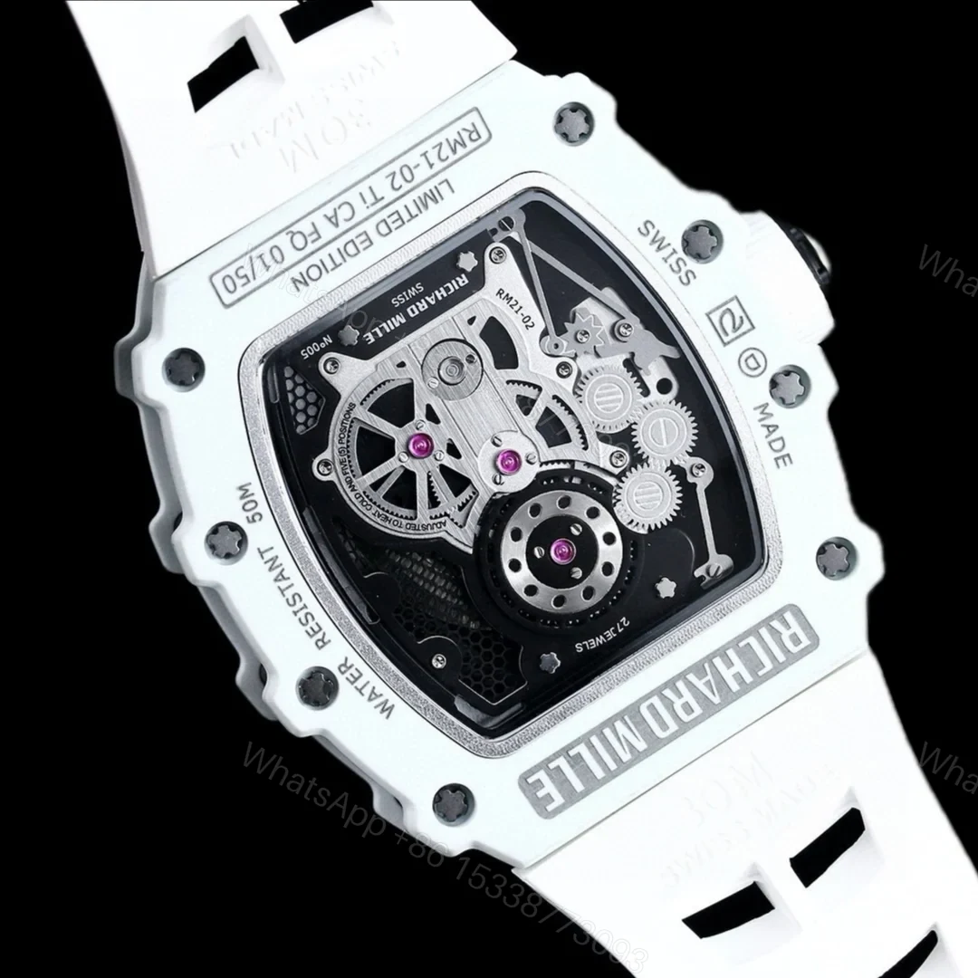 View 8 of Richard Mille RM21-01 Automatic Skeleton Watch 40MM Black Carbon Fiber Case White Bezel White Strap Premium Edition RM-RM21-01-BLK-CARBON-WHT-40