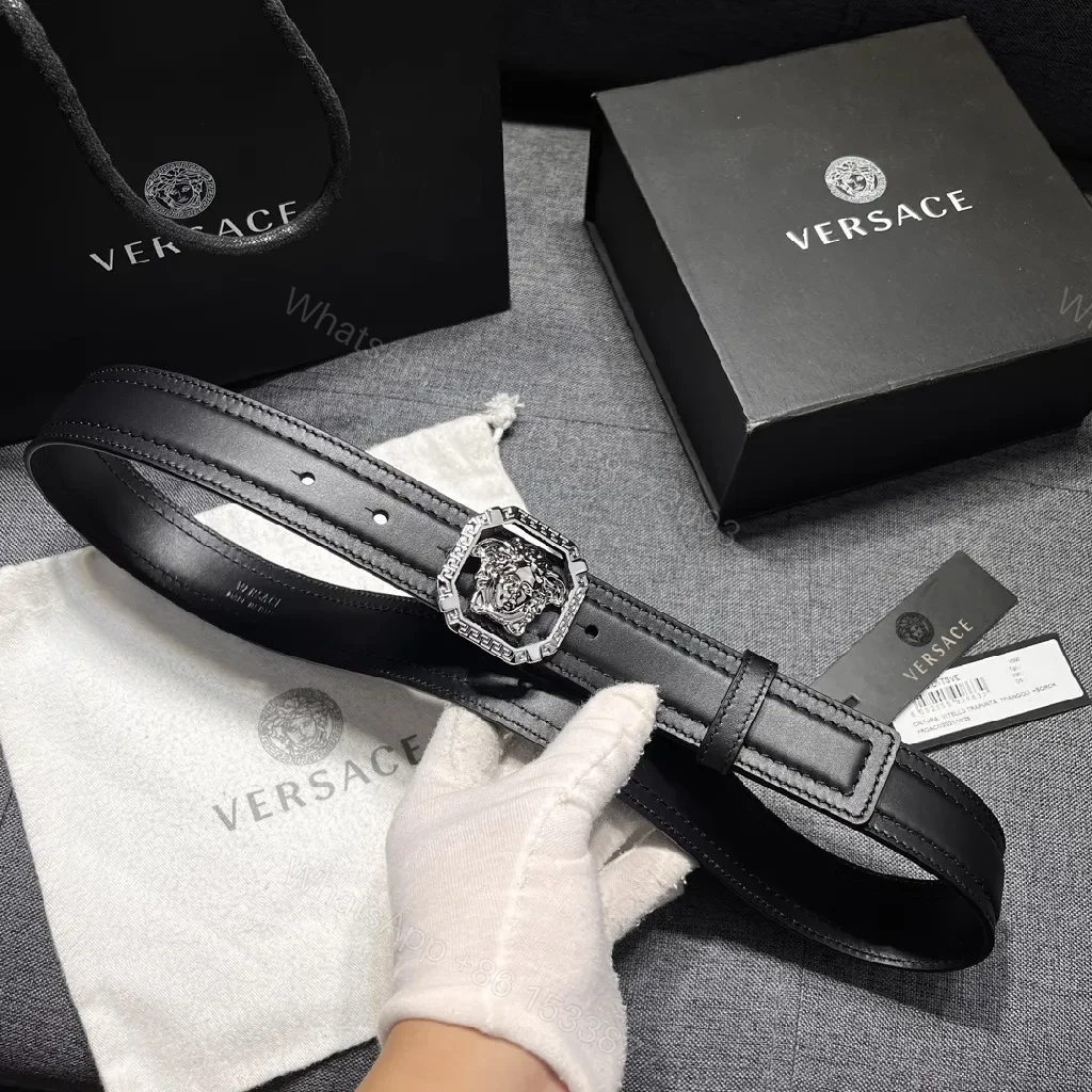 View 7 of Bold Black Leather Belt with Medusa Buckle - Crystalline Edge Accessory