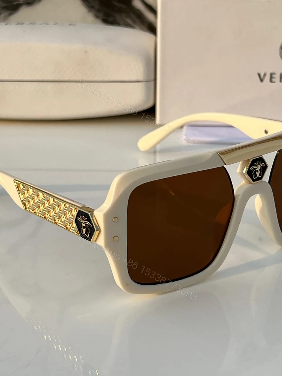 View 2 of Versace Sunglasses Rectangular Off-White Brown Gradient