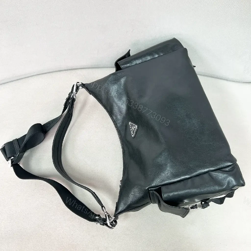 View 8 of Black Leather-Look Modern Hobo Shoulder Bag with Logo Closure