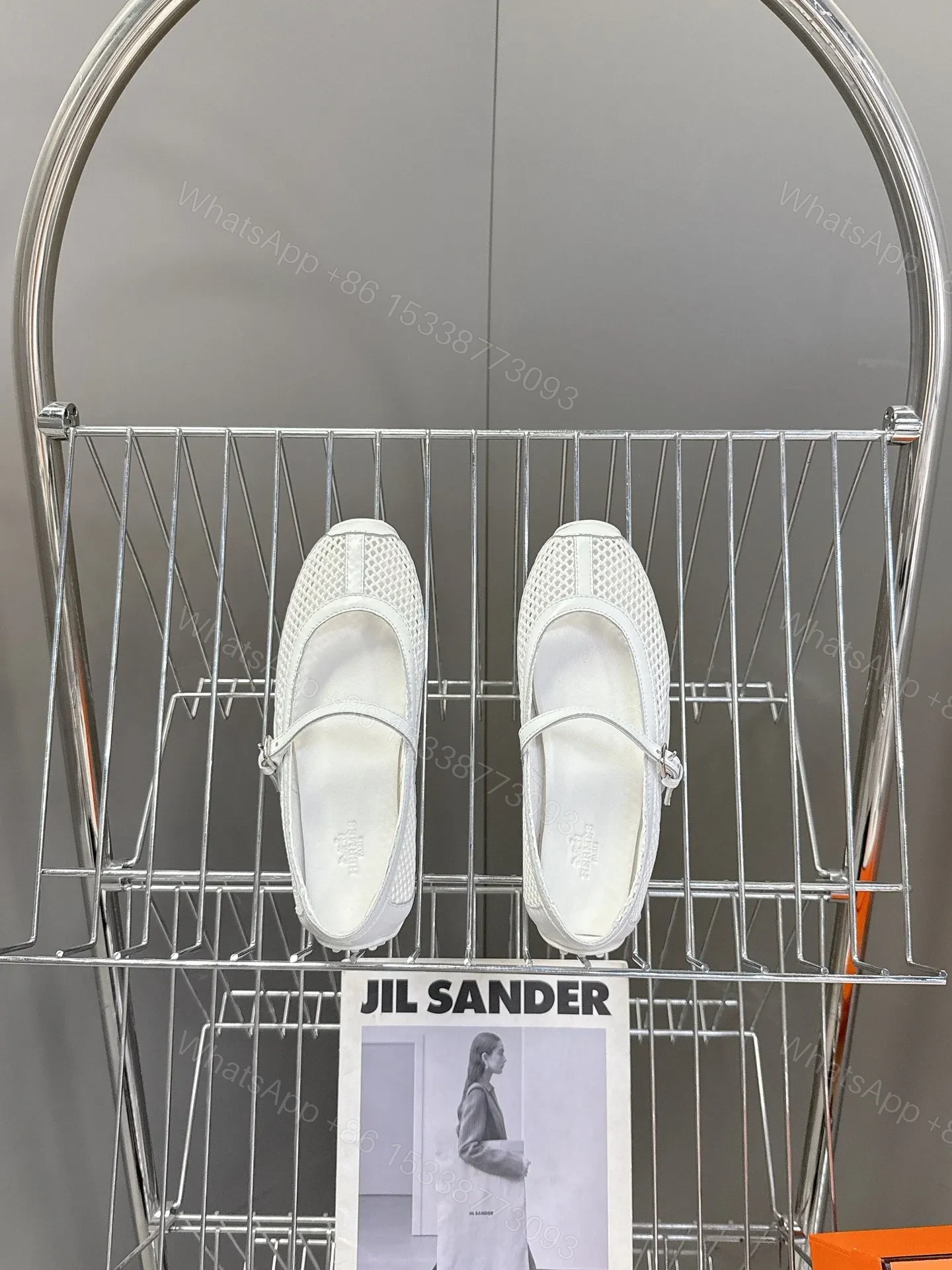 View 2 of Hermes Women White Mesh Leather Mary Jane Flats