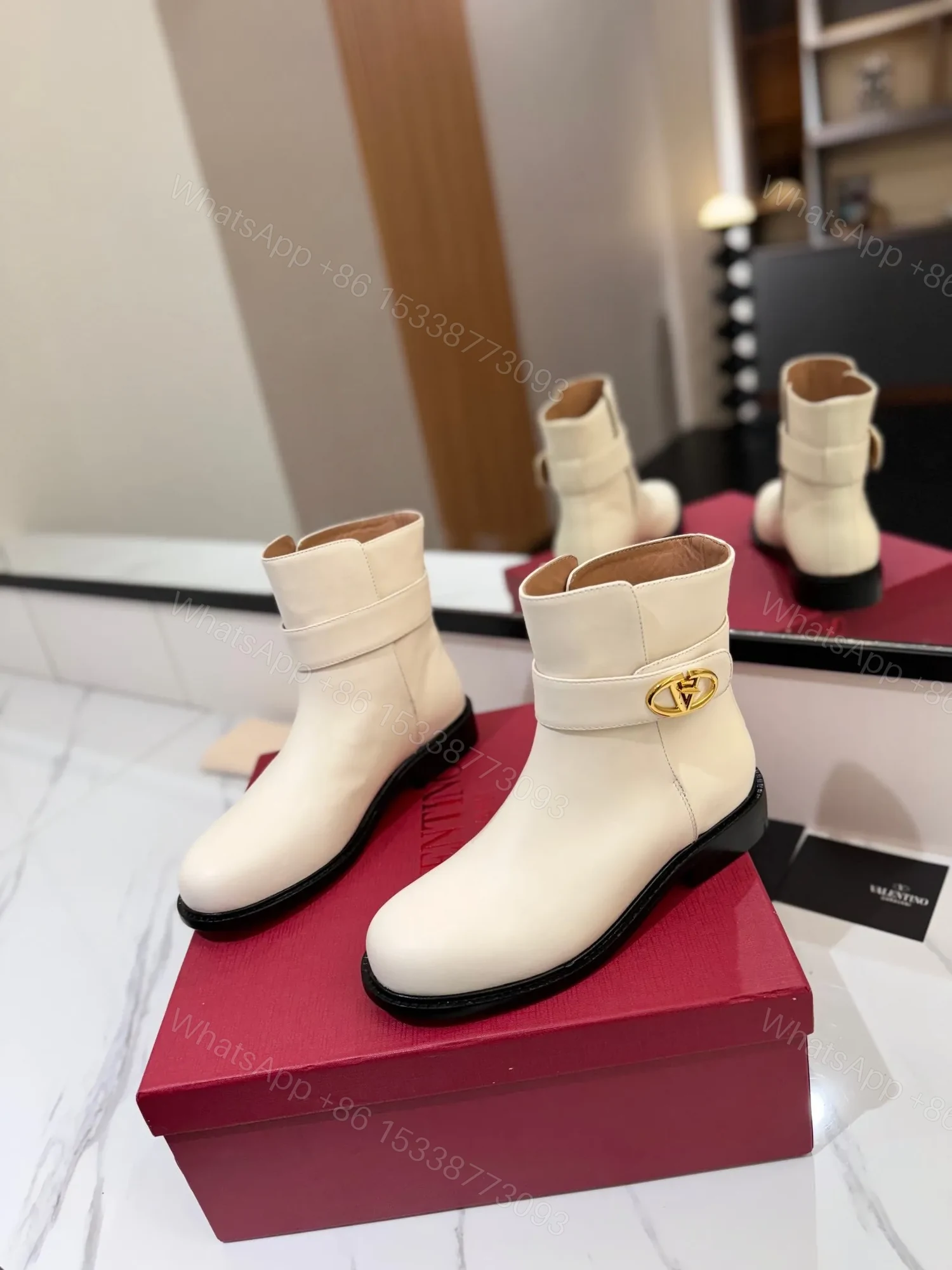 View 3 of Valentino Women Ivory Leather Ankle Boots