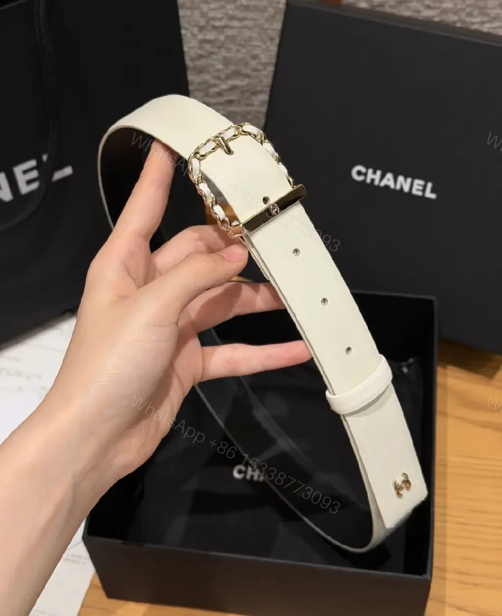 View 9 of White Leather Belt Gold Chain Buckle Modern Chic Chanel Logo Tag Belt