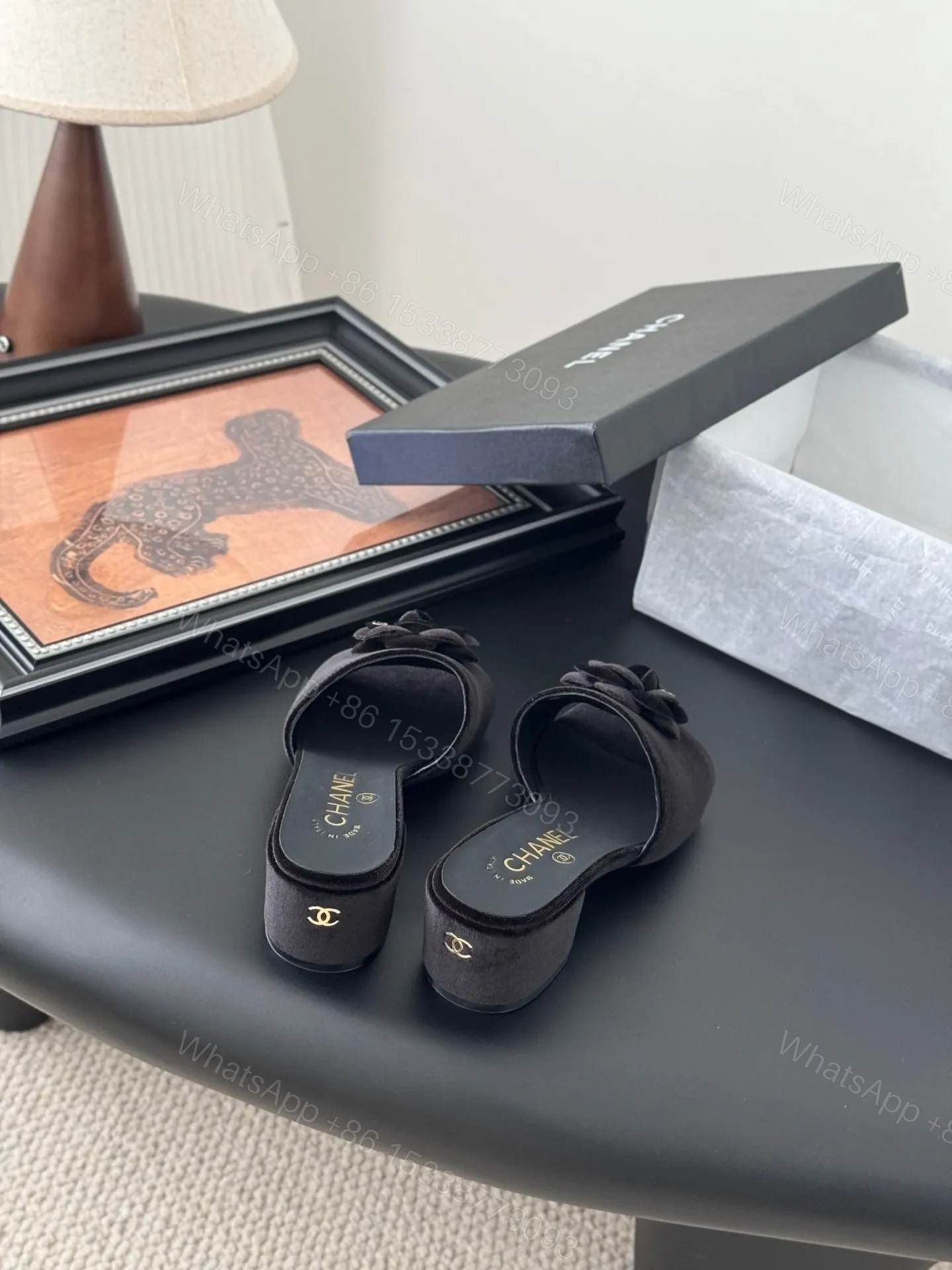 View 6 of Chanel Women Black Velvet Flower Embellished Mules