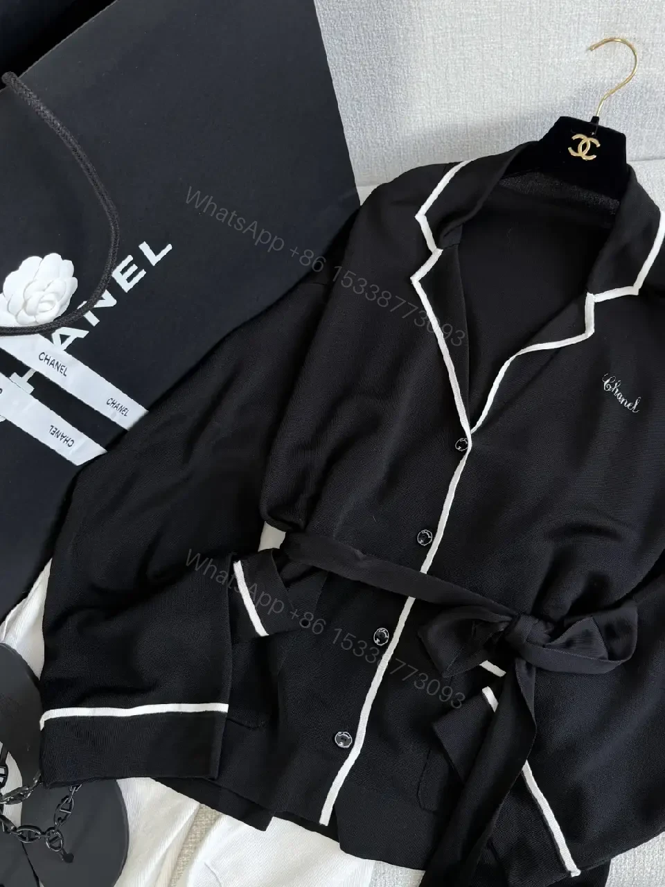 View 3 of Black Belted Robe-Style Cardigan with White Piping, Front Placket, Cuffs, Hem, Button Closure, Chanel-Inspired