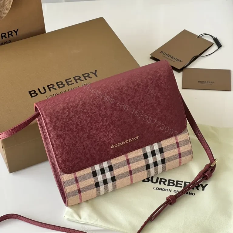 Burberry Burgundy Leather Plaid Crossbody Bag with Gold Accent — view 1