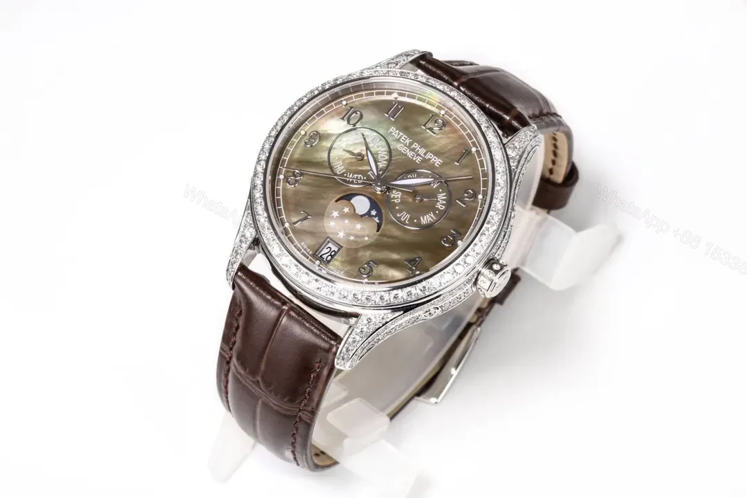 View 2 of Patek Philippe Complications Collection Annual Calendar Moon Phase Ladies’ Watch in Rose Gold/Silver with Diamond Set Case Brown Leather Strap